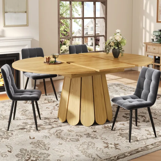 MEUNIQ ronde uitschuifbare eettafel 118-158 cm van MDF, ovaal uitklapbaar, voor 6 personen, houtkleur voor keuken, eetkamer en woonkamer Natural Wood