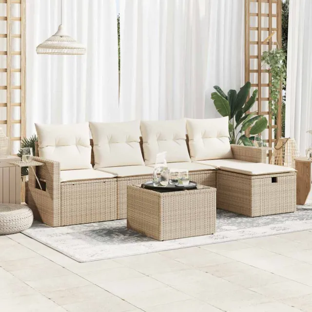 vidaXL 6-delige Loungeset met kussens poly rattan beige, foto 2