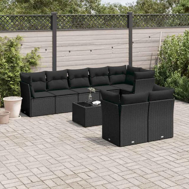 vidaXL 9-delige Loungeset met kussens poly rattan zwart, foto 2