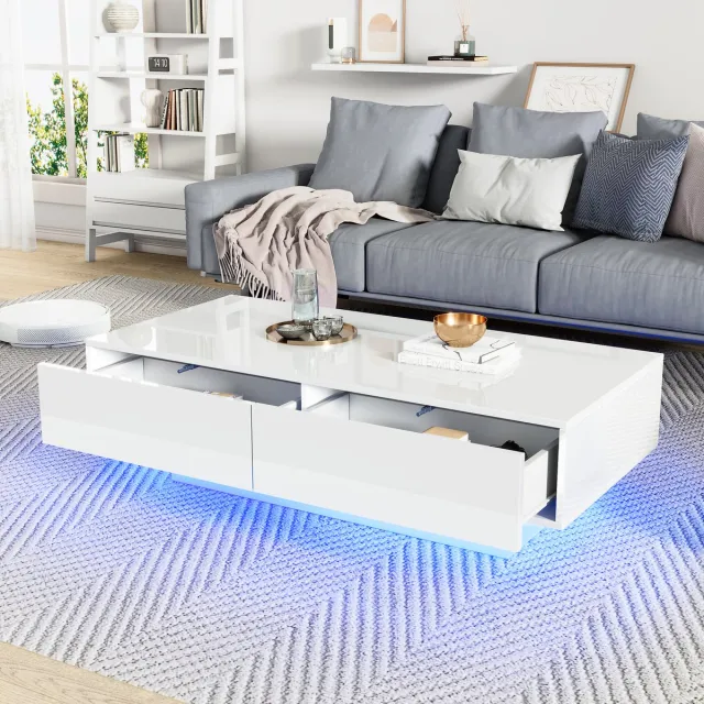 Clruro Salontafel - 115 x 55 x 34 cm - Met 2 Laden en LED - Draagkracht 30 kg - Hoogglans - Wit
