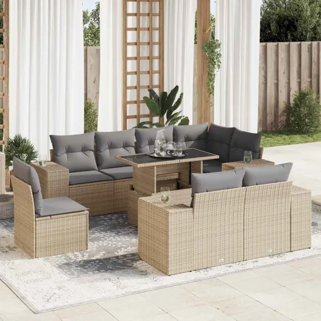vidaXL 9-delige Loungeset met kussens poly rattan beige, foto 2