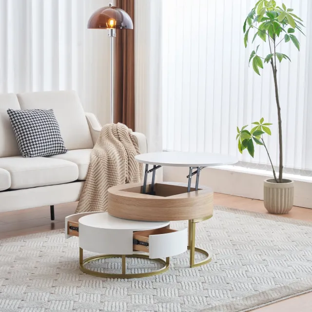 MIVRAY Salontafelset - Ronde Nesttafels Met Verstelbaar Blad En Lade - Voor Woonkamer - MDF Wit En Goud - 70x70x56 Cm Wit + Houtkleur