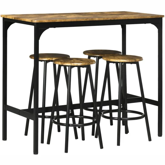 Zerova Bartafel- en barkrukkenset - hoge eettafel met barkrukken - Metalen Frame - 4 barkrukken - voor keuken, woonkamer en bar Bruin