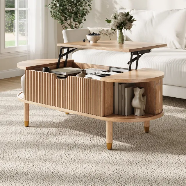 OKWISH Salontafel - Hydraulisch Verstelbaar Tafelblad Met Opbergruimte - Woonkamer - MDF Met Houten Poten Naturel - 110 x 48 x 57 cm