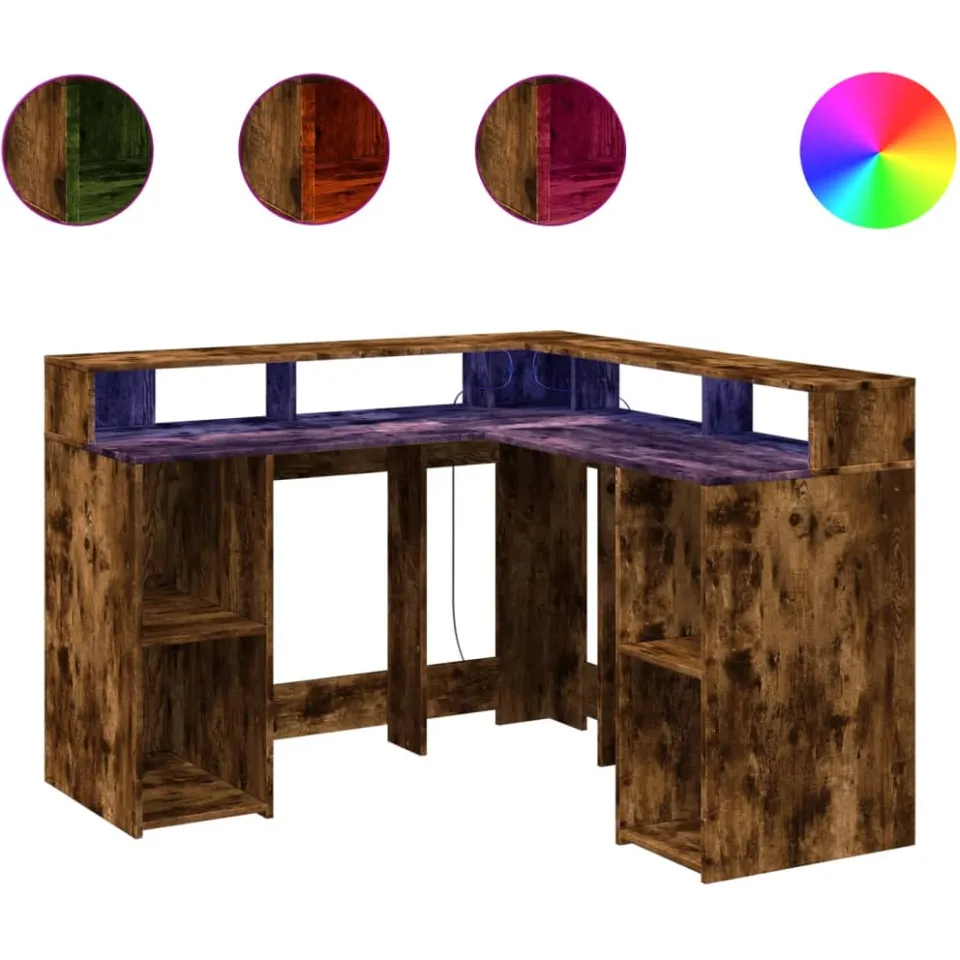 vidaXL Bureau met LED-verlichting 130x130x91 cm hout gerookt eiken, foto 3