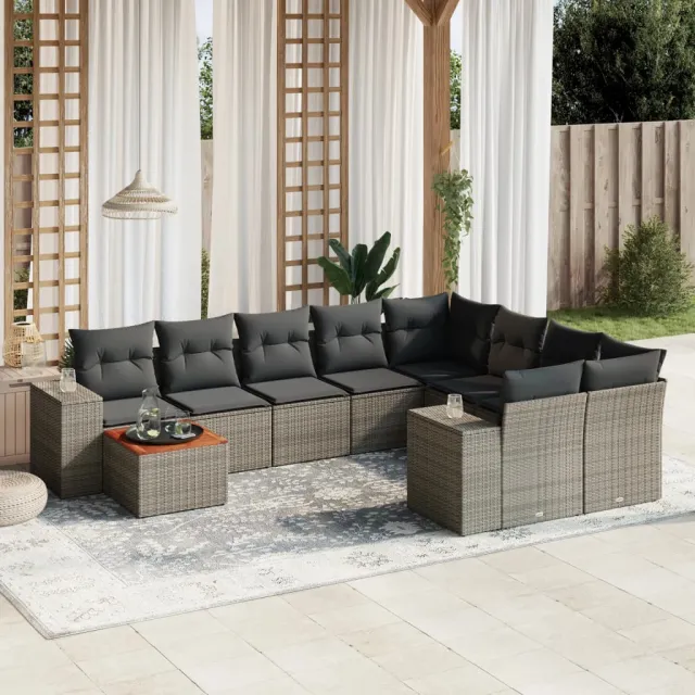 vidaXL 10-delige Loungeset met kussens poly rattan grijs, foto 2