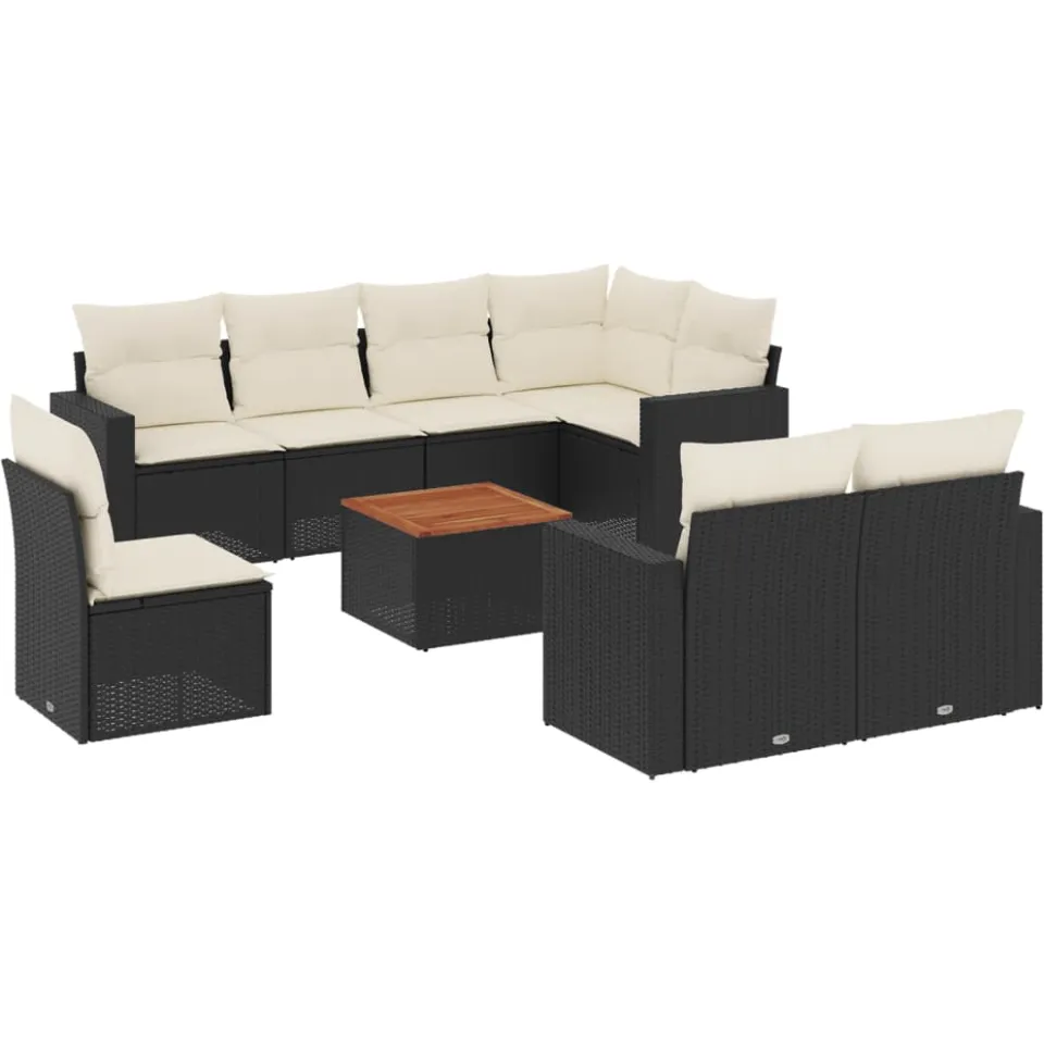 vidaXL 9-delige Loungeset met kussens poly rattan zwart