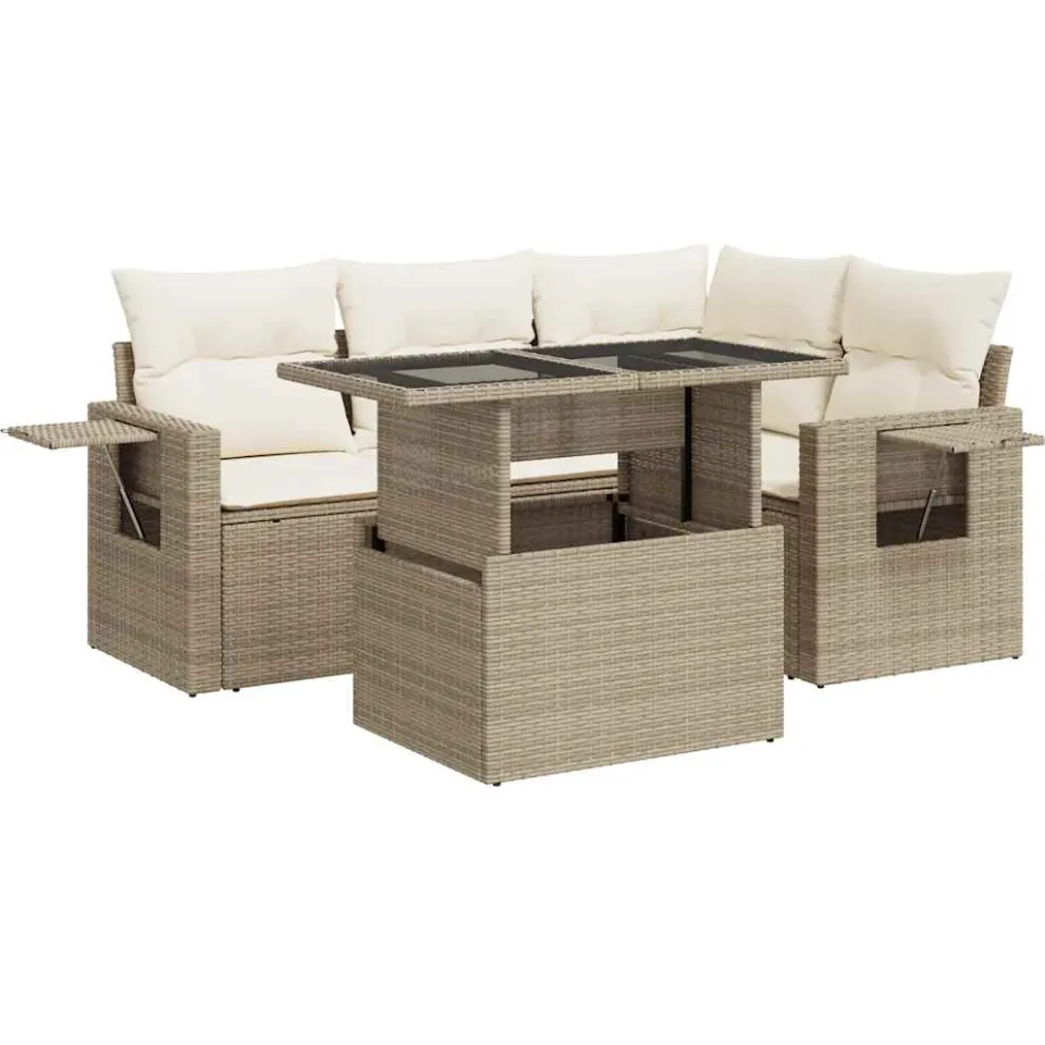 vidaXL 5-delige Loungeset met kussens poly rattan beige, foto 3