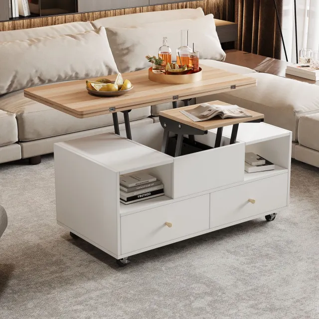 COVREO Salontafel 100 x 50 x 62 cm - wit en houtkleur, verstelbaar en met 4 lades