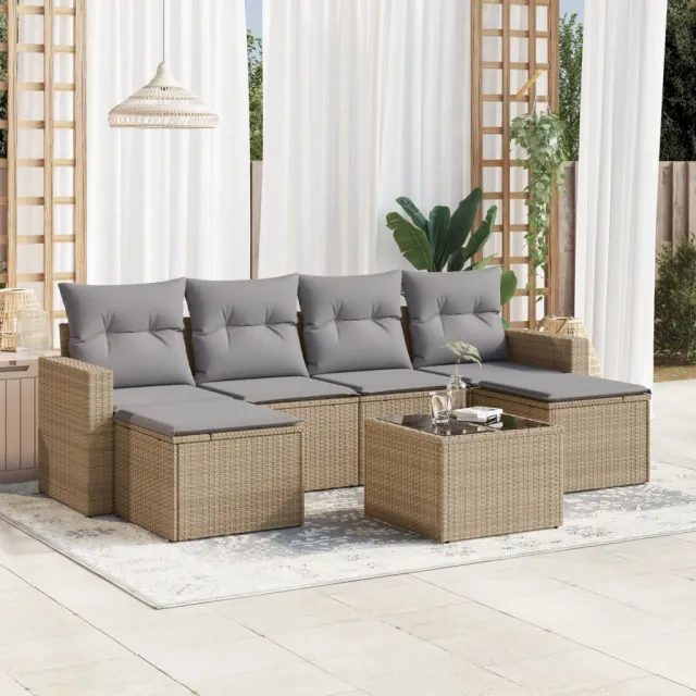 vidaXL 7-delige Loungeset met kussens poly rattan beige, foto 2