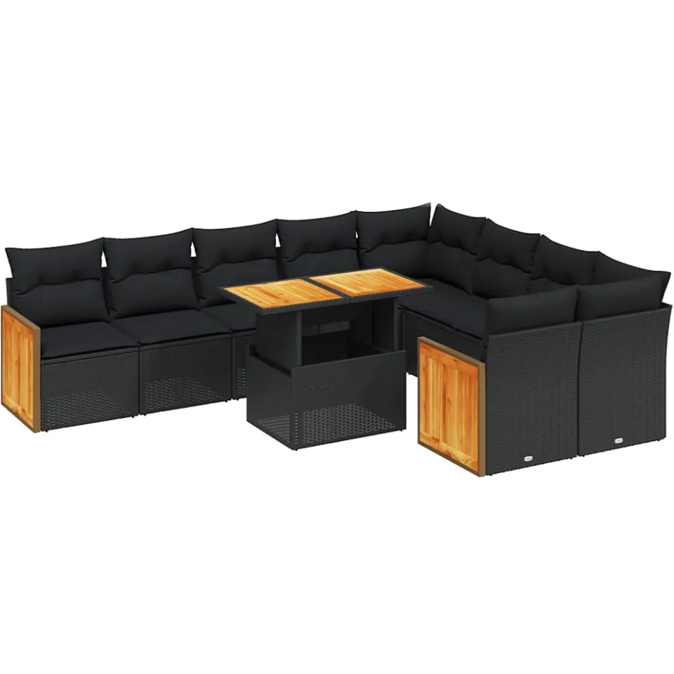 vidaXL 10-delige Loungeset met kussens poly rattan zwart, foto 3