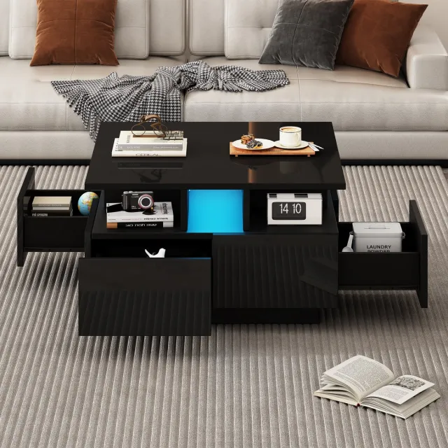 MODFU Hoogglans zwarte salontafel 70x70x40 cm met LED-verlichting, 4 lades en geometrisch design — draagvermogen 30 kg Wit