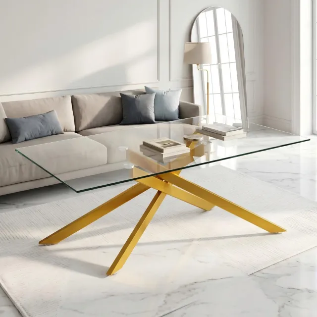 OKWISH Salontafel - Gehard Glazen Tafelblad - Rechthoekig Voor Woonkamer - Goudkleurig Metaal En Transparant Glas - 120 x 60 x 46 cm