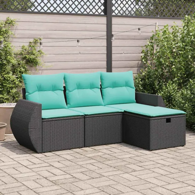 vidaXL 4-delige Loungeset met kussens poly rattan zwart, foto 2