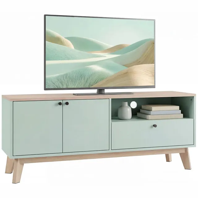 Gudalio TV meubel - TV kast - Opbergruimte - 2 Deuren - Lade - Open Vak - Modern - 120 x 50 x 35 cm - Hout - Eiken - Lichtgroen