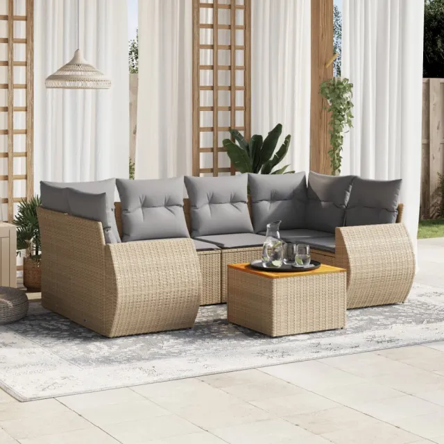 vidaXL 7-delige Loungeset met kussens poly rattan beige, foto 2