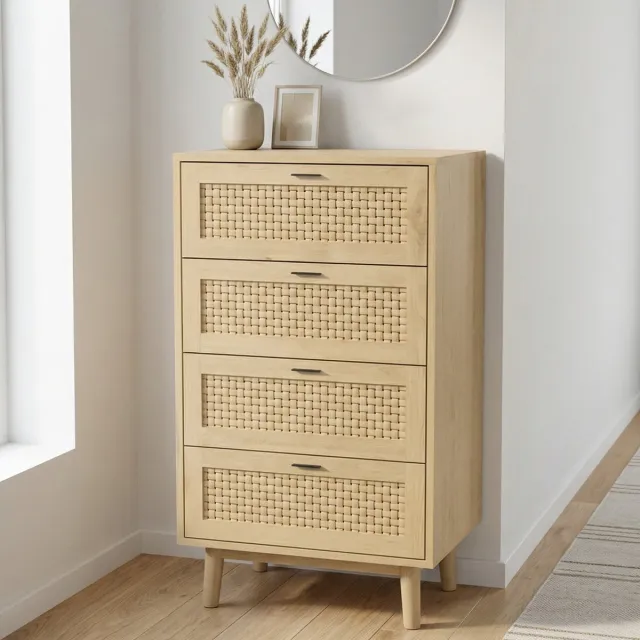 Mofor Ladekast - 55x40x95cm - 4 lades met kantelbeveiliging - hout en rotan-look - natuurlijke stijl - Houtkleur