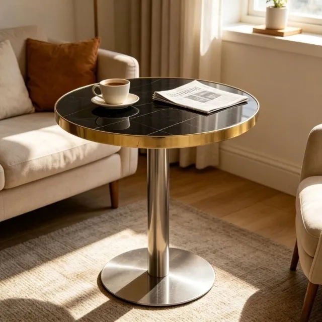 DESMIU Bijzettafel - Ronde Tafel Met Marmerlook En UV-Coating - Voor Woonkamer Of Slaapkamer - MDF En RVS - 60 x 60 x 73,7 Cm - Zwart Goud