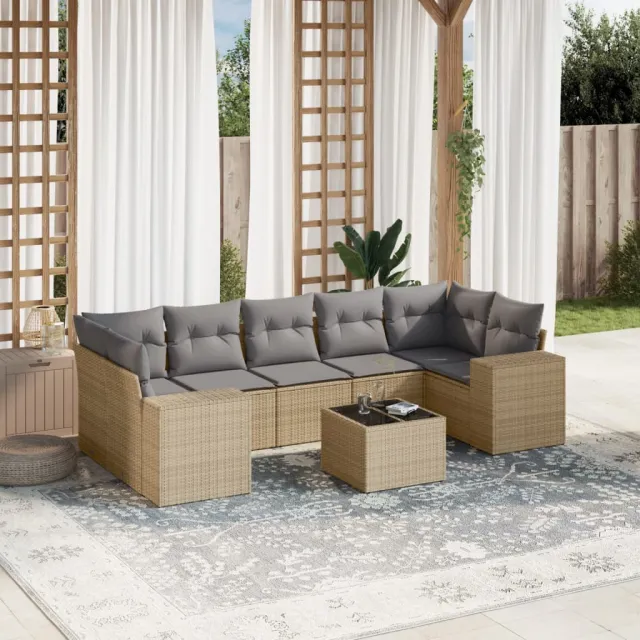 vidaXL 8-delige Loungeset met kussens poly rattan beige, foto 2