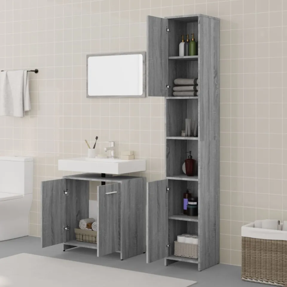 vidaXL 3-delige Badkamermeubelset bewerkt hout grijs sonoma eikenkleur, foto 3
