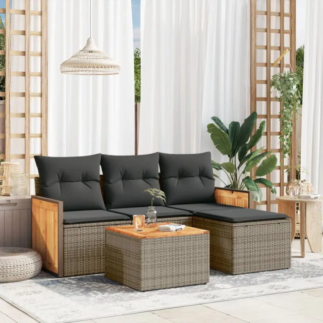 vidaXL 5-delige Loungeset met kussens poly rattan grijs, foto 2