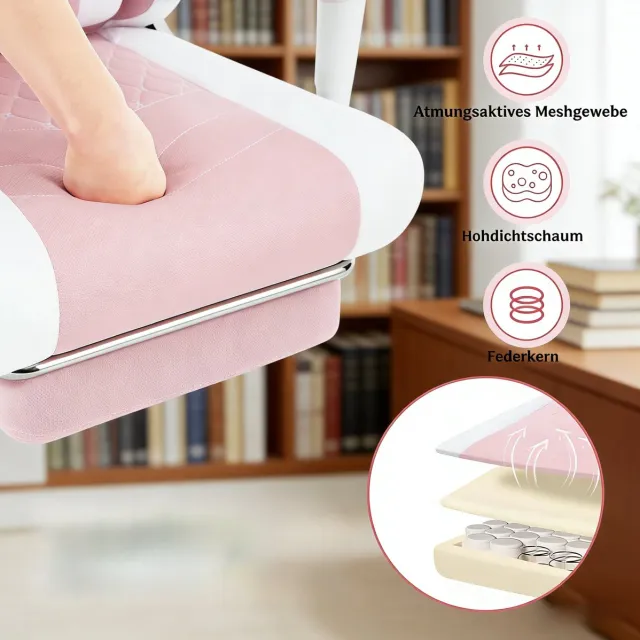 MODENUIT Bureaustoel 70 x 70 x 127 cm - Massage Lendenkussen en Verstelbare Rugleuning - Thuiswerk - Metaal - Roze Wit
