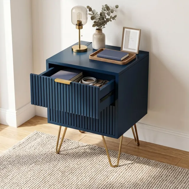 Mofor Modern nachtkastje - 40x35.5x50 cm - met 2 lades - geribbeld design - hout en gouden metalen poten - donkerblauw