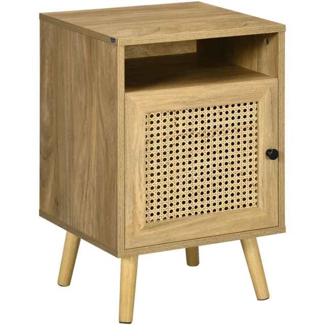 Lunpog Nachtkastjes met kastje met rieten deur en nis - vintage-ontwerp - 39 x 35 x 60 cm - naturel Natuurlijke houttint
