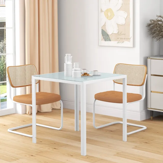 MEUNIQ vierkante eettafel 75 x 75 x 75 cm met glasblad en metalen frame, voor 4 personen, compacte keukentafel en eettafel voor eetkamer of keuken, wit