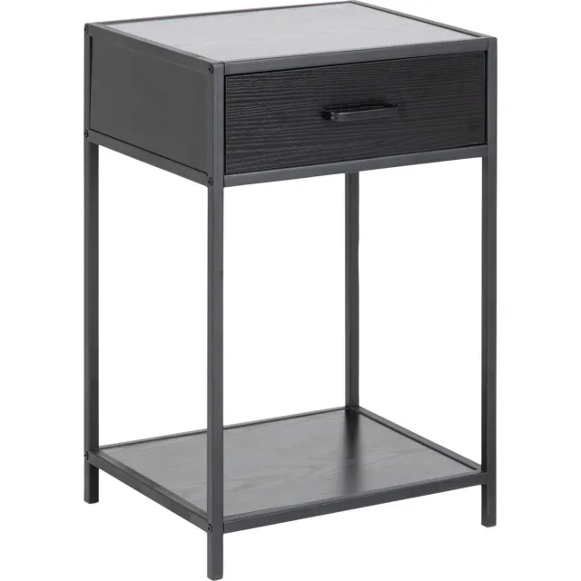 BELFURN Timon nachtkast met 1 lade in melamine zwart op zwart metalen frame