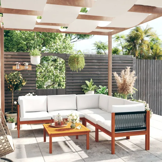 vidaXL 6-delige tuinloungeset met kussens crèmekleurig acaciahout en touw, foto 2