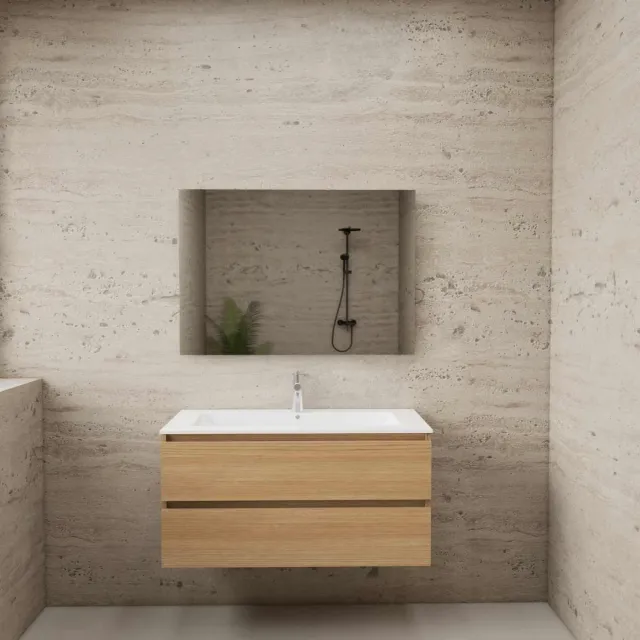 Boss & Wessing ACTIE BWS Badmeubel | Paris | Naturel Eiken 100 cm | Hoogglans Wit Wastafel | 1 of 2 Kraangaten