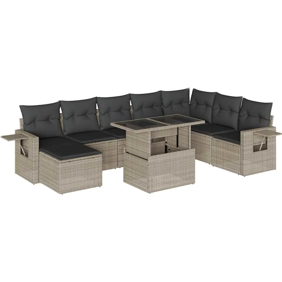 vidaXL 9-delige Loungeset met kussens poly rattan lichtgrijs