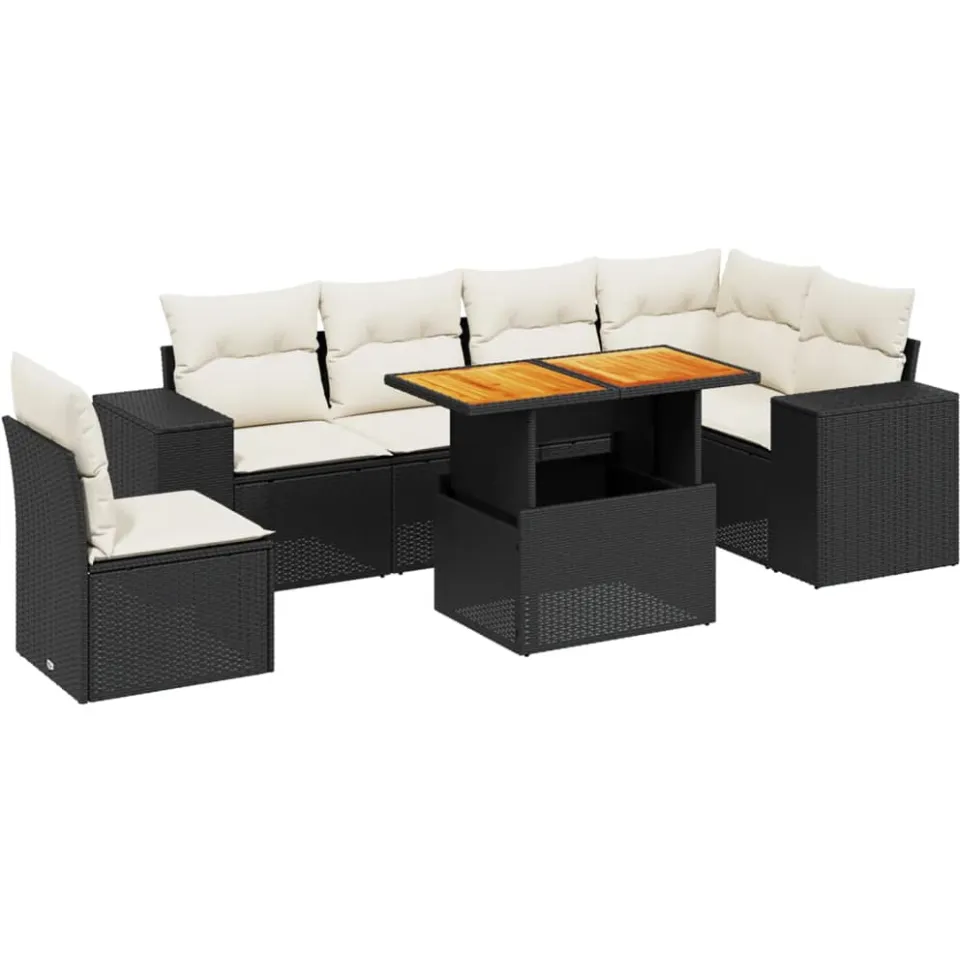 vidaXL 7-delige Loungeset met kussens poly rattan zwart
