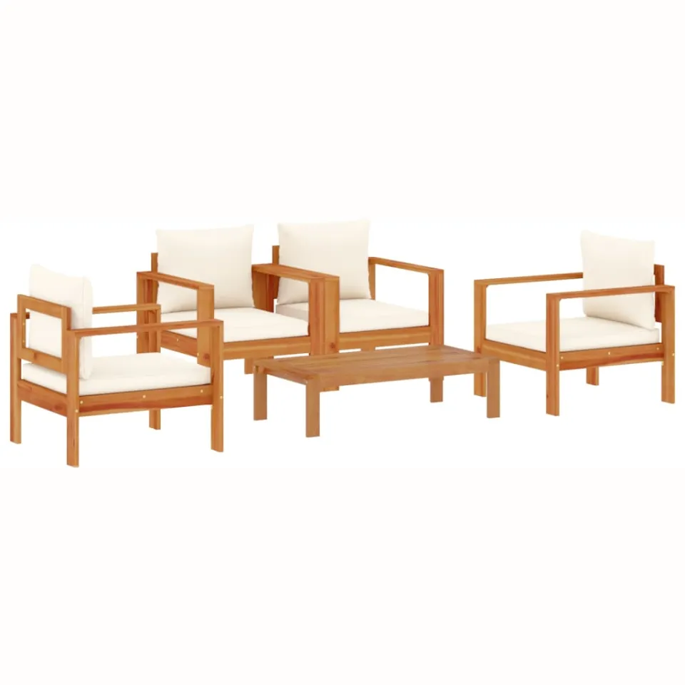 vidaXL 5-delige Loungeset met kussens massief acaciahout crème, foto 3