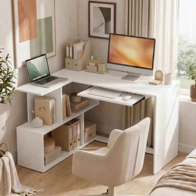 OKWISH Hoekbureau - L-Vormig Computebureau Met Toetsenbordlade En Open Vakken - Voor Thuis En Kantoor - Wit Houtlook - 120 X 100 X 76 Cm