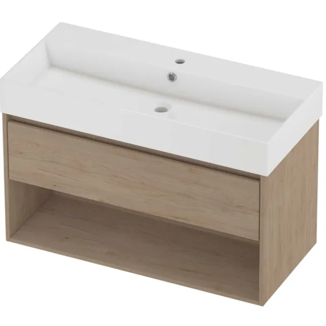Proline Zara Badmeubelset Porselein Loft 1 Kraangat Met Schap 100x46x65 cm Glans Wit Ideal Oak Eiken