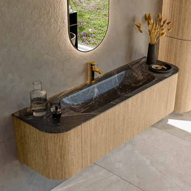 Mondiaz KURVE-DLUX 160 cm Onderkast Greeploos 1 Lade Met Deuren Oak, Wastafel Solid Surface Midden Lava 1 Kraangat Zonder Spiegel (KRVBGM160L+R1L2D1KM-Oak/Lav)