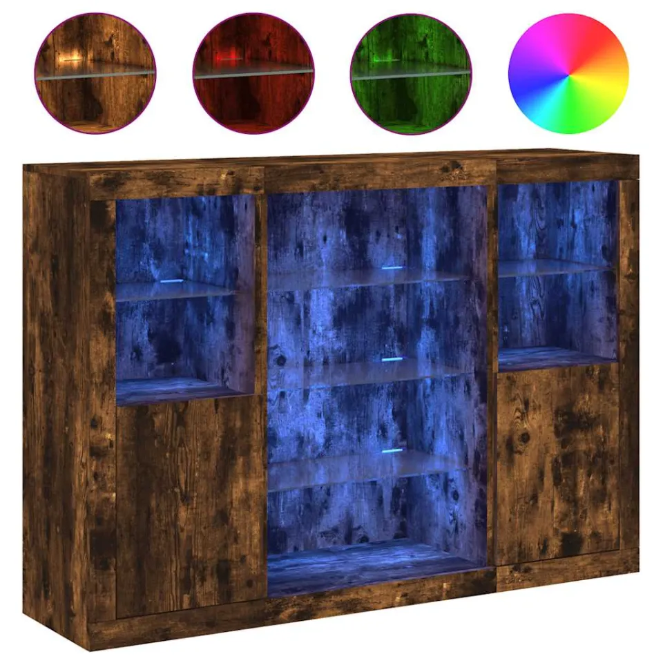 vidaXL Dressoirs met LED-verlichting 3 st bewerkt hout gerookt eiken Bruin