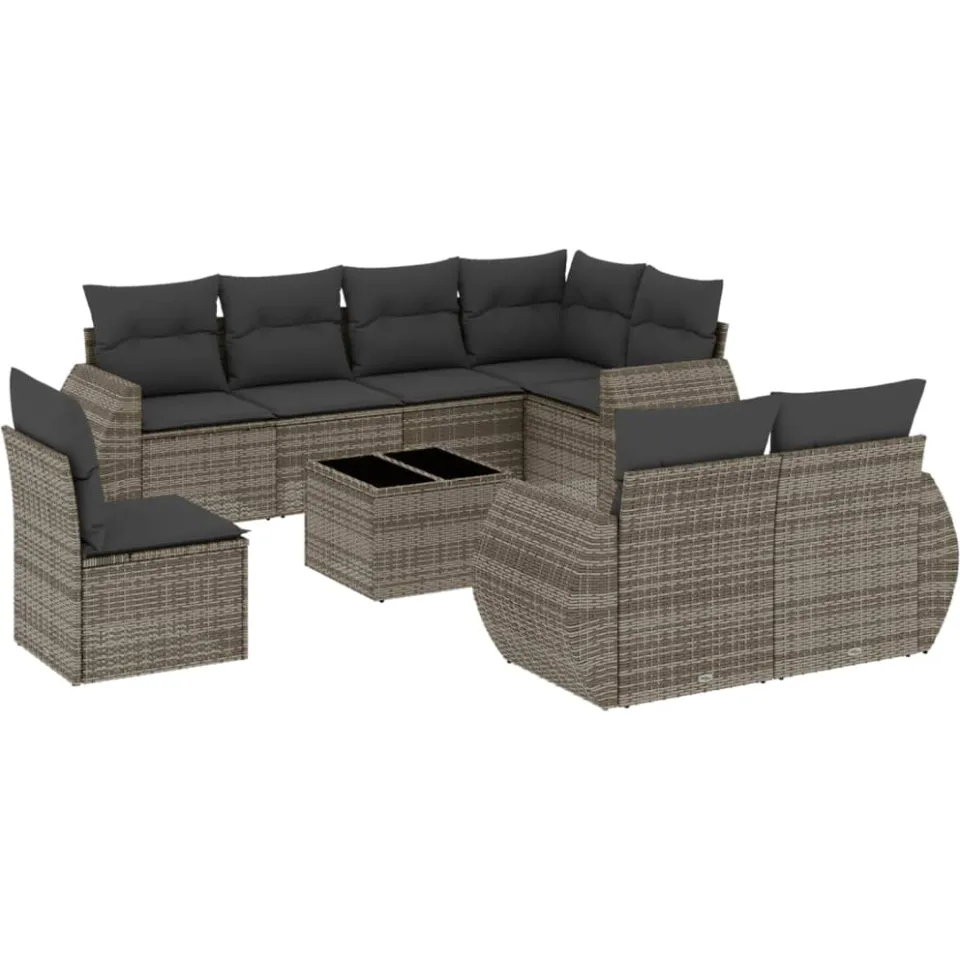 vidaXL 9-delige Loungeset met kussens poly rattan grijs