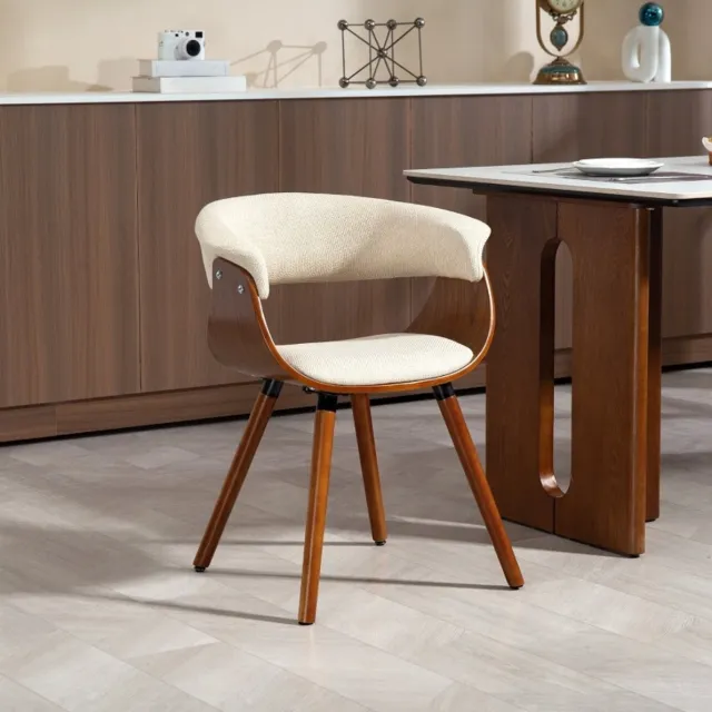 MEUNIQ Eetkamerstoel kuipstoel met armleuningen 62 x 55 x 75 cm, beige stoffen zitting met gebogen rugleuning en houten poten, voor eetkamer keuken woonkamer