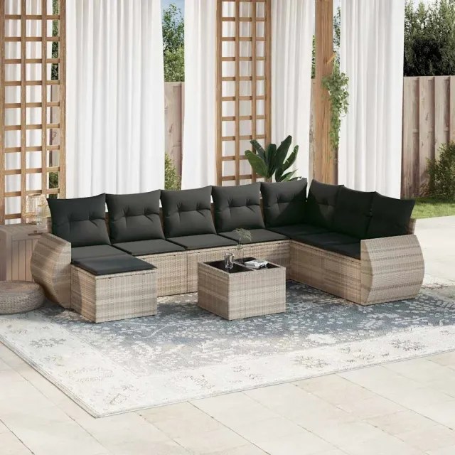 vidaXL 9-delige Loungeset met kussens poly rattan lichtgrijs grijs