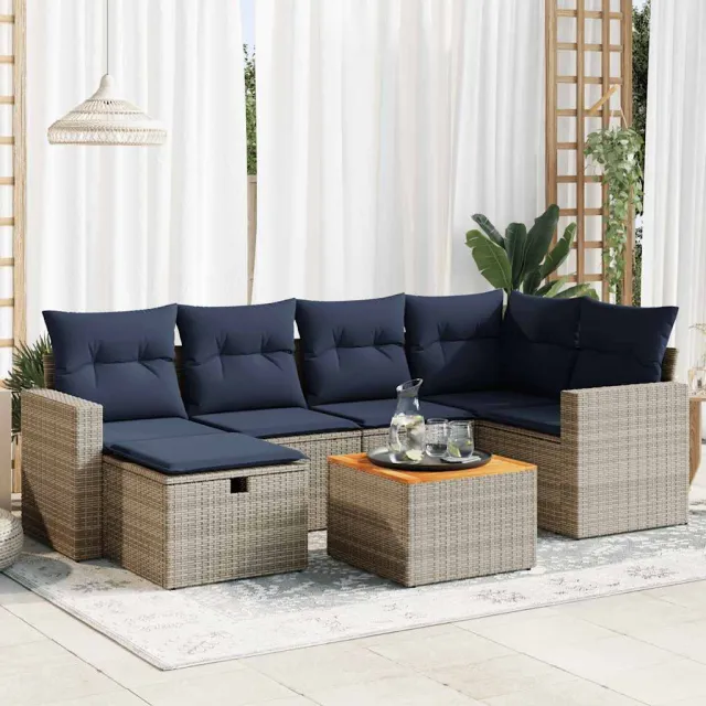 vidaXL 7-delige Loungeset met kussens poly rattan grijs, foto 2