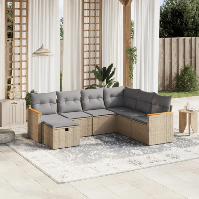 vidaXL 7-delige Loungeset met kussens poly rattan gemengd beige, foto 2