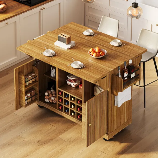 STILVORA Bijzettafel - Uitklapbare Keukentrolley Met Opbergruimte En Wijnrek - Voor Keuken Eetkamer En Balkon - MDF - 142,5x80x95 Cm - Donkerbruin