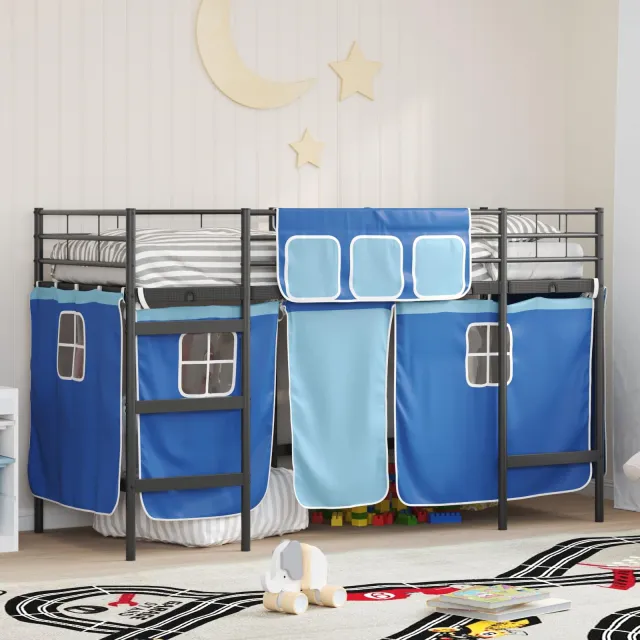 vidaXL Bunkbed voor kinderen met gordijnen Zwart en Blauw 90 x 190 cm