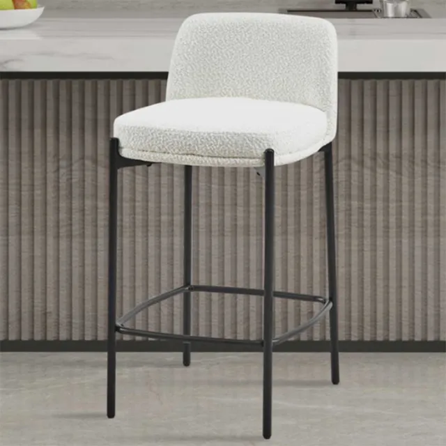 Rousseau Ella Barstoel Wit Bouclé – Zithoogte 65 cm – Voor Keukeneiland – Zwart Metalen Onderstel