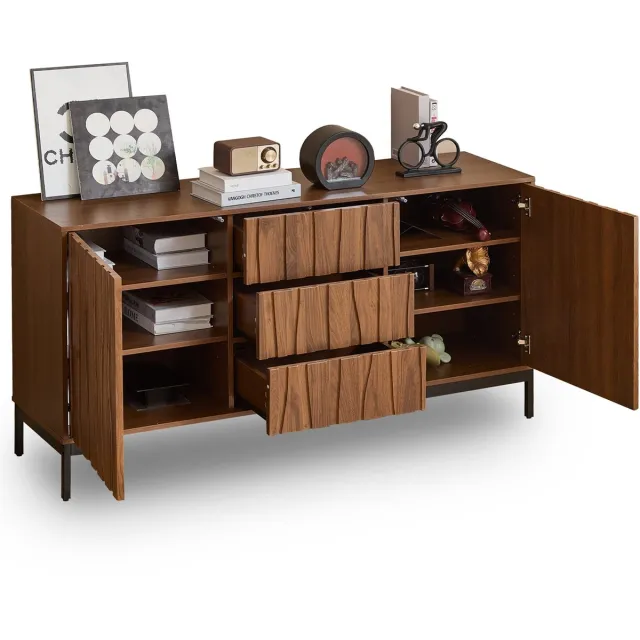 Merax Dressoir 150 cm - Donker Eikenhoutlook - 3 Lades - Verstelbare Planken - Opbergkast voor Woonkamer Keuken Hal en Eetkamer Bruin