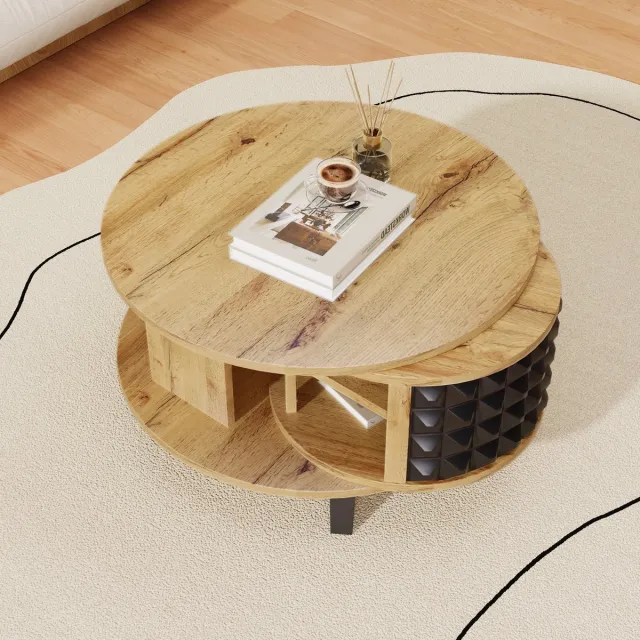 Wishdor Draaibare Salontafel met Verborgen 360° Opbergruimte, Dubbelblad Salontafel in Natuurlijk Spaanplaat, Modern Design