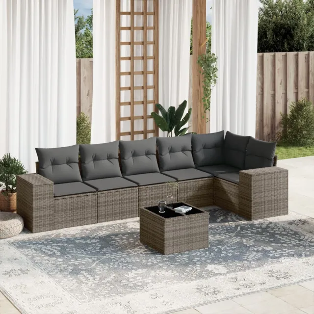 vidaXL 7-delige Loungeset met kussens poly rattan grijs, foto 2